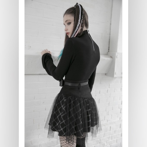 Punk Goth Plaid Mesh Overlay Skirt - Picture 3 of 12